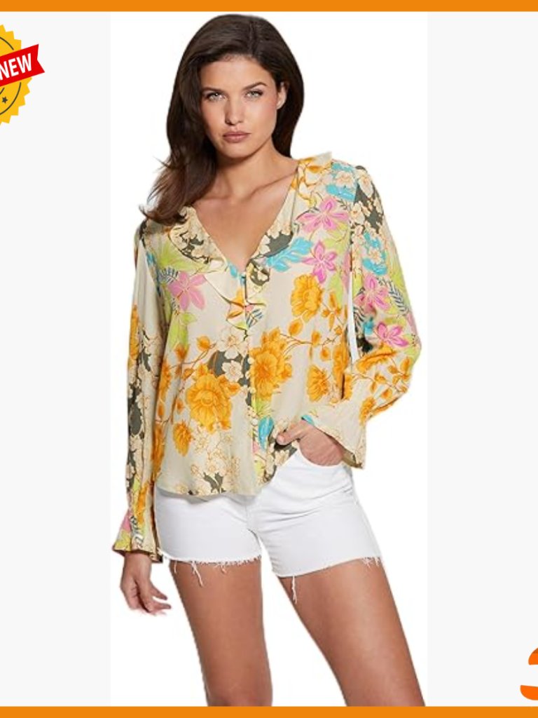 Long Sleeve Peasant Top With V-Neck And Ruffle Details, Regular Fit